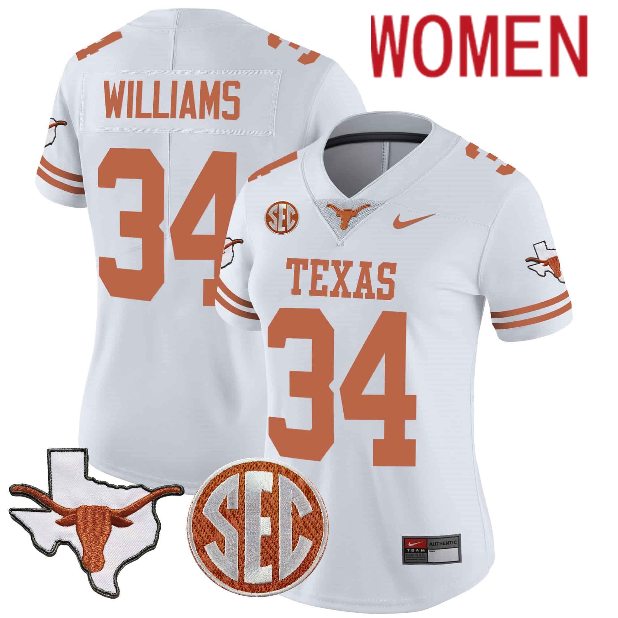 Women Texas Longhorns #34 Williams White 2024 Nike State Map & SEC Patch Vapor NCAA Jersey->women nfl jersey->Women Jersey